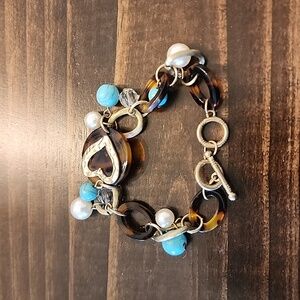 Fun Turquoise Pearl Heart Tortoise shell Gold Tone Toggle Bracelet